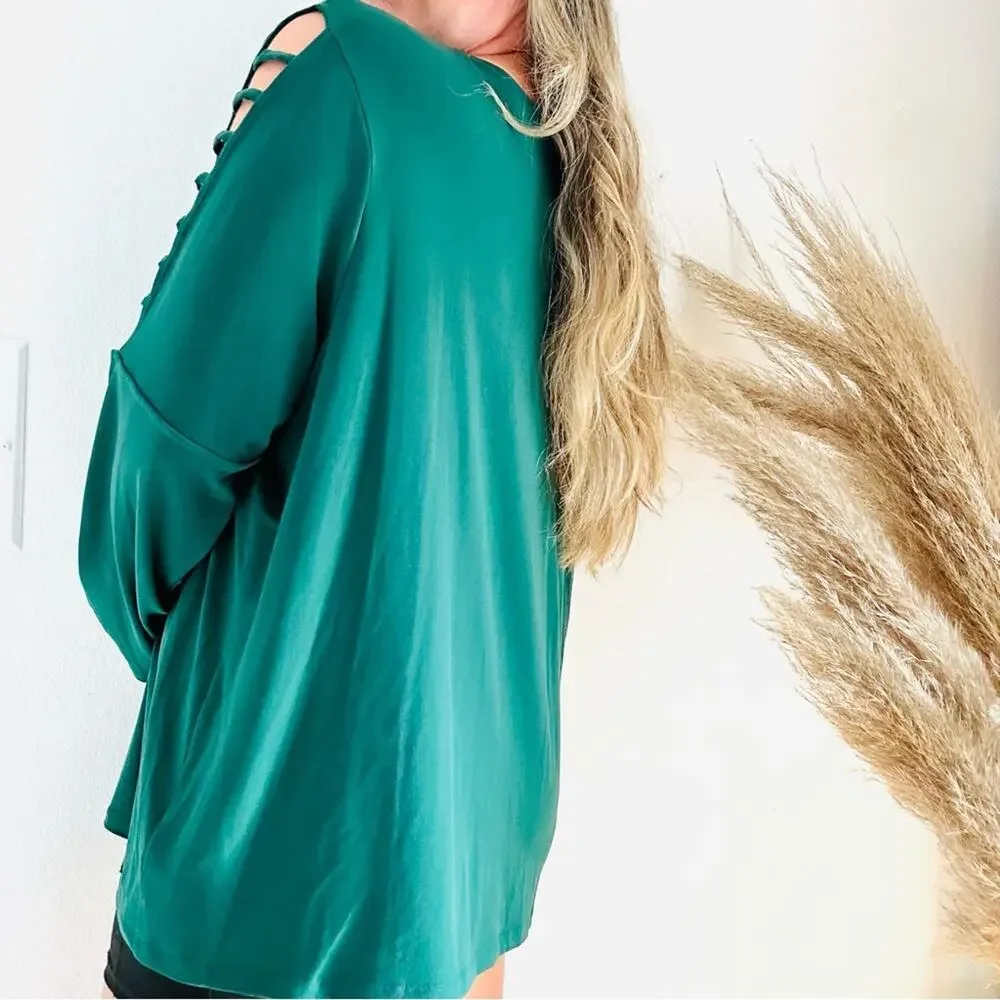 MICHAEL KORS Emerald Green Square Cutout Long Sleeve Tunic Blouse Top Shirt 3X